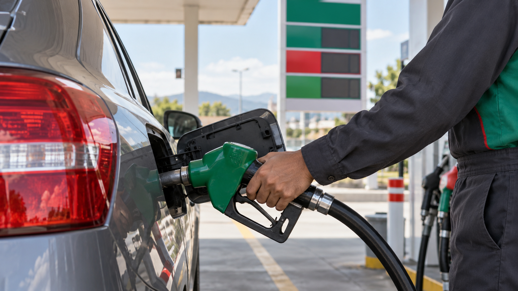 Ilustración editorial de una estación de servicio y combustibles en México