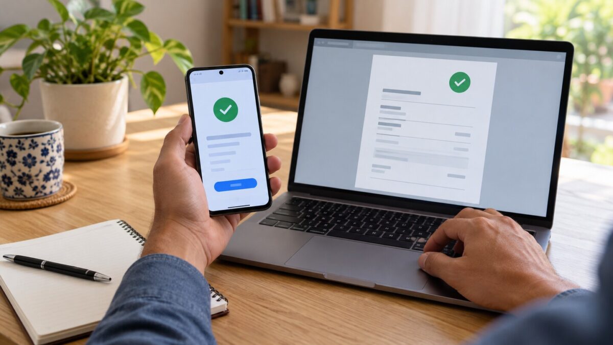Persona contrasta una transferencia en el celular con un comprobante digital en su computadora.