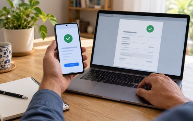 Persona contrasta una transferencia en el celular con un comprobante digital en su computadora.