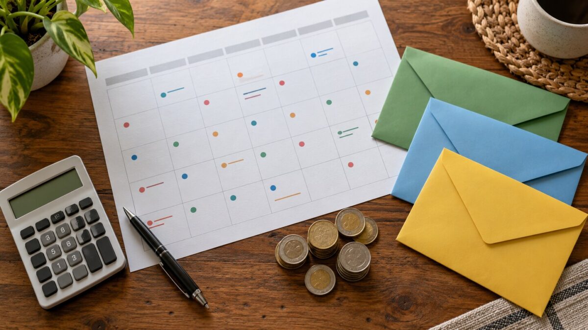 Calendario con sobres, monedas y calculadora para organizar gastos anuales.