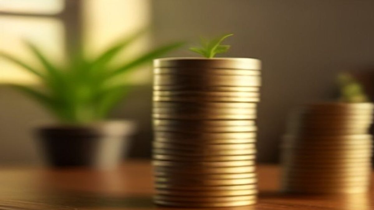 Pila de monedas con un pequeño brote verde sobre una mesa de madera junto a una planta, como símbolo del ahorro para el retiro