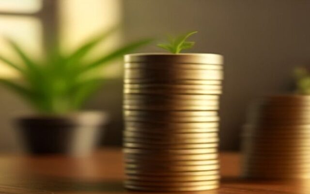Pila de monedas con un pequeño brote verde sobre una mesa de madera junto a una planta, como símbolo del ahorro para el retiro