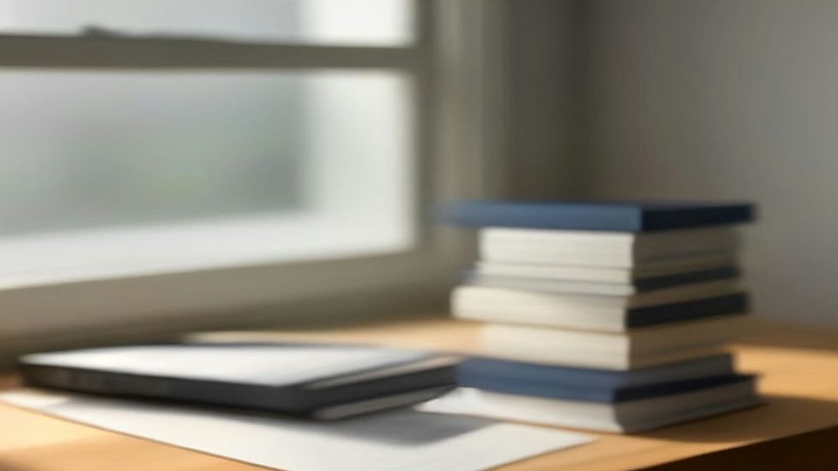 Carpetas y libretas apiladas sobre un escritorio de madera junto a una ventana, ilustración de planificación del retiro
