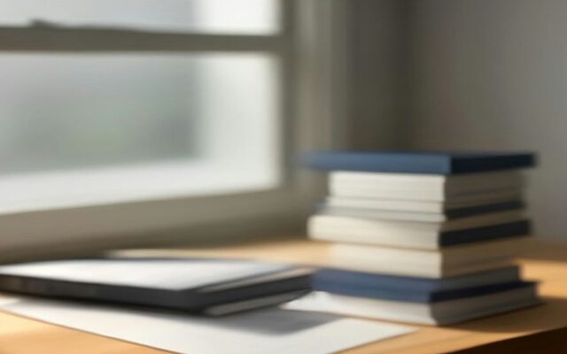 Carpetas y libretas apiladas sobre un escritorio de madera junto a una ventana, ilustración de planificación del retiro