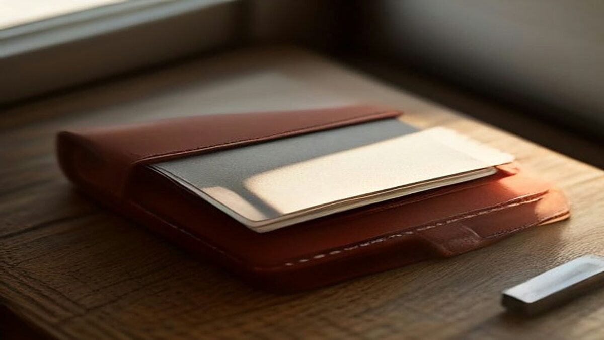 Cartera de piel roja con tarjetas sobre un escritorio de madera junto a una ventana