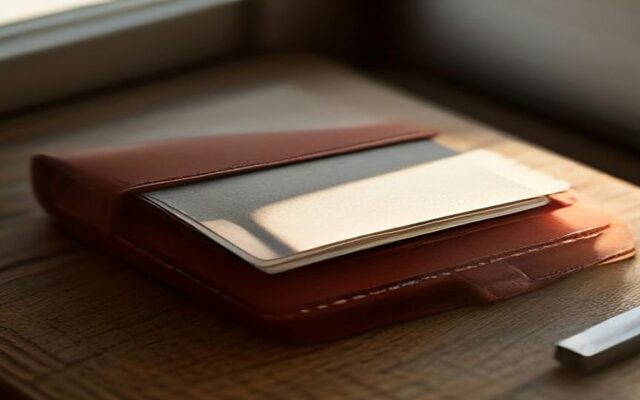 Cartera de piel roja con tarjetas sobre un escritorio de madera junto a una ventana