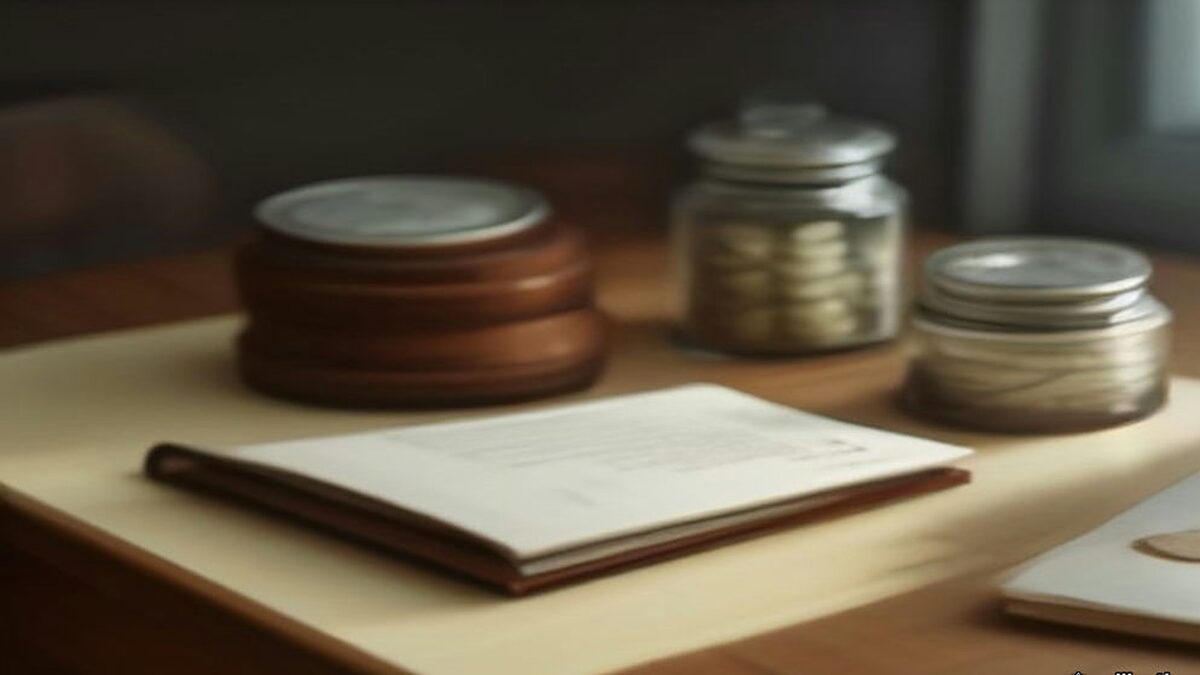Cartera de cuero cerrada junto a monedas y un frasco de vidrio sobre un escritorio de madera, ilustración de reconstrucción de historial crediticio