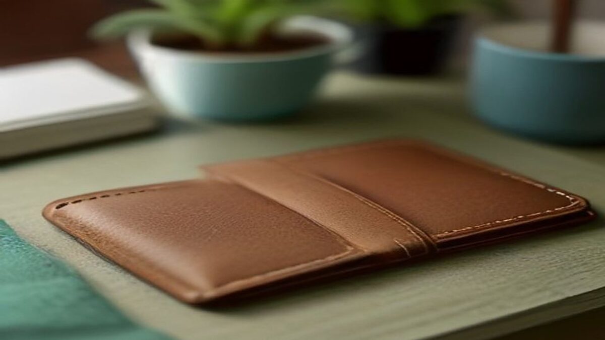 Cartera de piel café sobre un escritorio claro con el borde de una tarjeta asomando y una planta suculenta al fondo