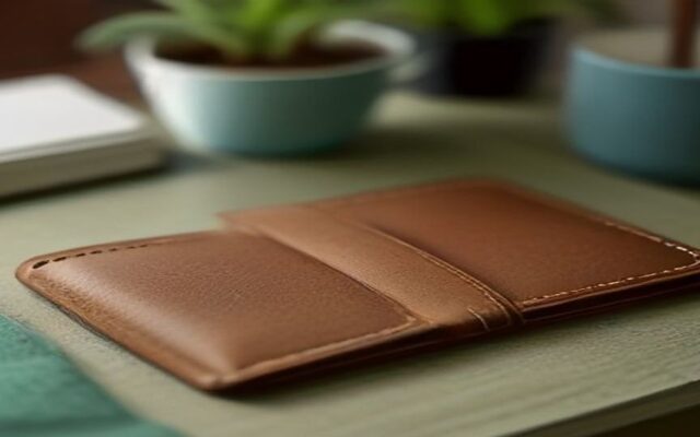 Cartera de piel café sobre un escritorio claro con el borde de una tarjeta asomando y una planta suculenta al fondo