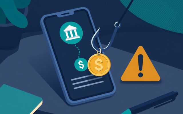 Celular con una moneda colgada de un anzuelo y un triángulo de advertencia, ilustración sobre fraudes que piden depósito para liberar un préstamo