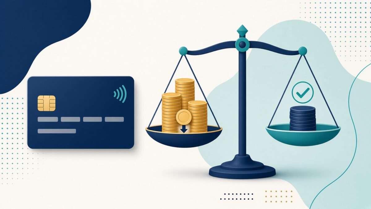 Tarjeta de crédito junto a una balanza con monedas, ilustración sobre pago mínimo y pago para no generar intereses
