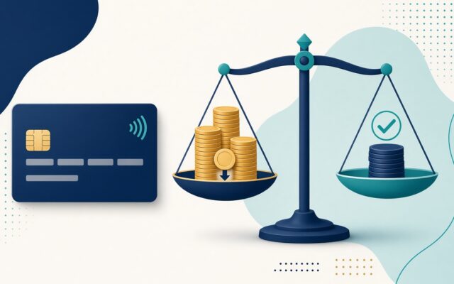 Tarjeta de crédito junto a una balanza con monedas, ilustración sobre pago mínimo y pago para no generar intereses