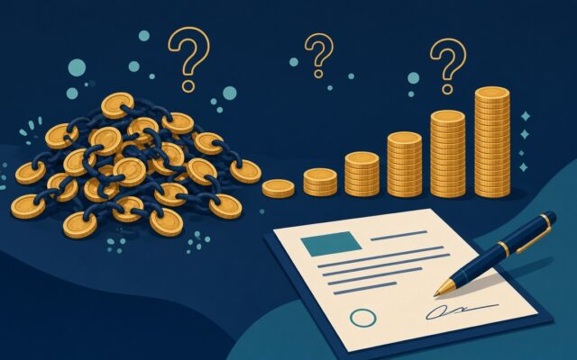 Monedas encadenadas que se ordenan en pilas escalonadas junto a un contrato, ilustración sobre reestructura de deuda