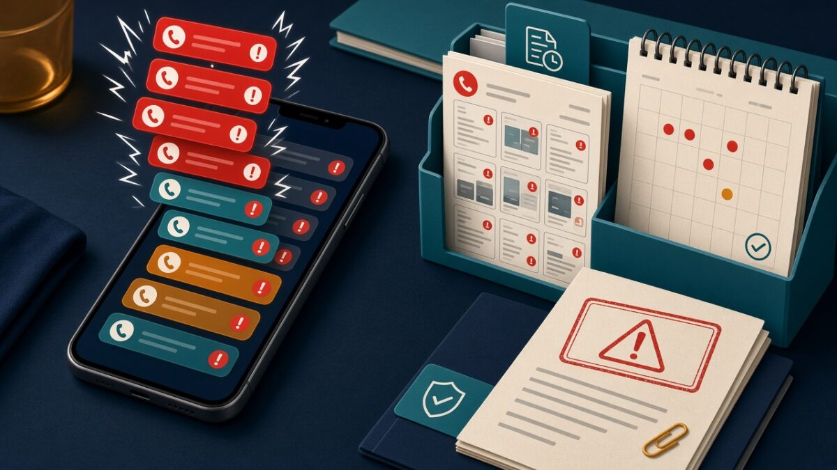 Celular con muchas llamadas de cobranza junto a una carpeta de evidencias y un calendario, ilustración sobre documentar cobranza abusiva