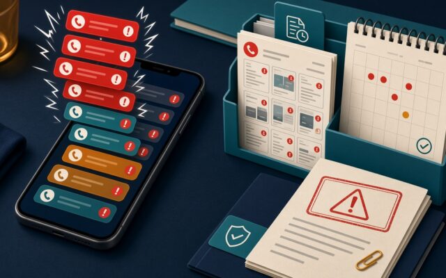 Celular con muchas llamadas de cobranza junto a una carpeta de evidencias y un calendario, ilustración sobre documentar cobranza abusiva
