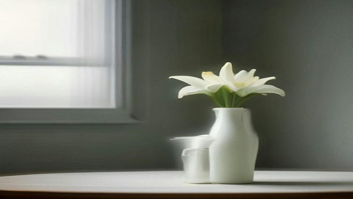 Lirios blancos en un florero de cerámica blanca junto a una ventana con luz gris suave, ilustración del SIAB-Vida y la búsqueda de seguros de vida