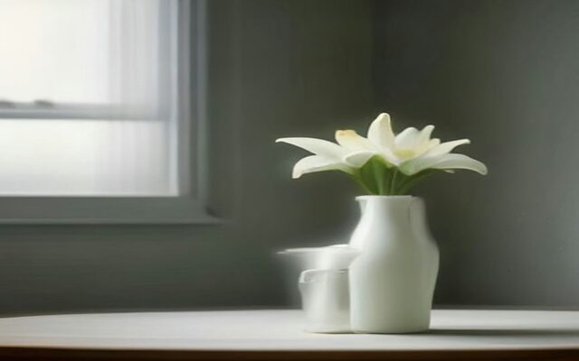 Lirios blancos en un florero de cerámica blanca junto a una ventana con luz gris suave, ilustración del SIAB-Vida y la búsqueda de seguros de vida