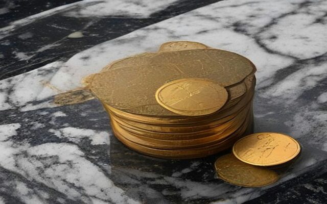 Pila de monedas doradas sobre una superficie de mármol blanco y gris con luz suave, ilustración de la anualidad de la tarjeta de crédito