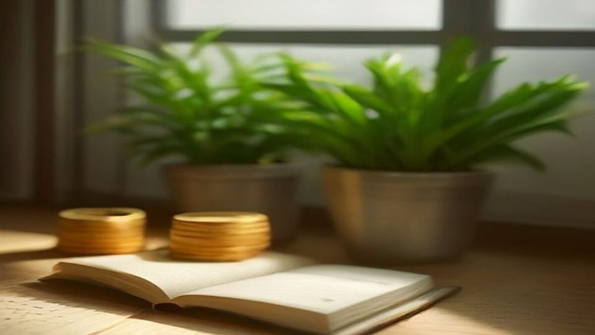 Cuaderno abierto y monedas apiladas sobre un escritorio de madera junto a plantas pequeñas con luz de ventana