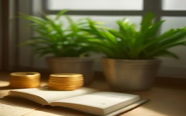 Cuaderno abierto y monedas apiladas sobre un escritorio de madera junto a plantas pequeñas con luz de ventana
