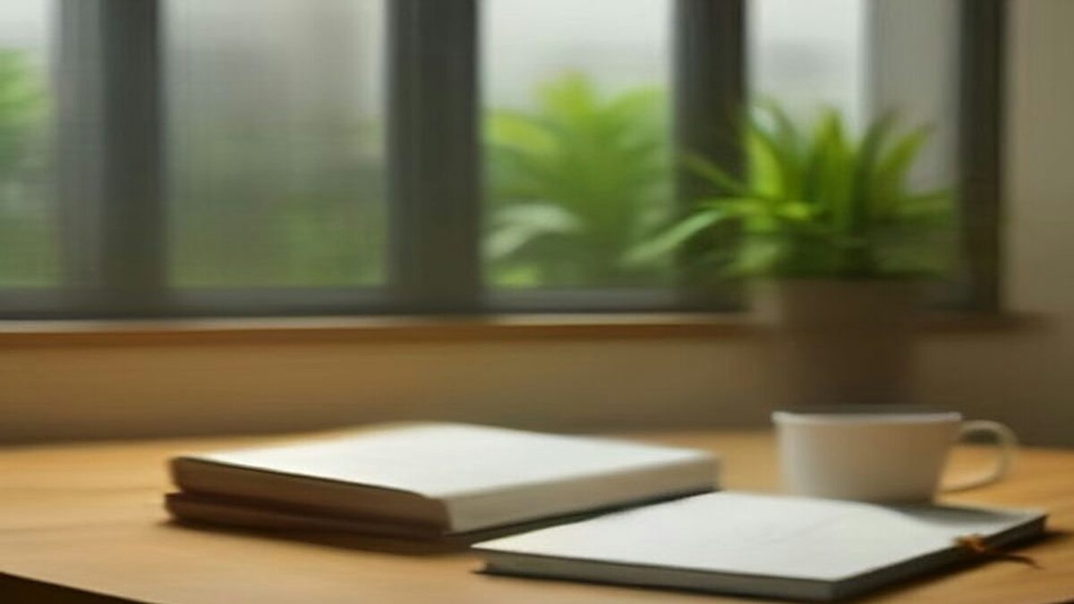 Escritorio de madera con libretas cerradas y una taza blanca junto a una ventana con plantas