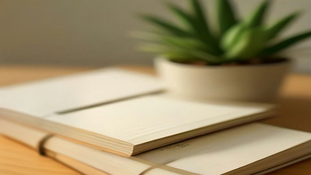 Pila de cuadernos y hojas en blanco sobre un escritorio de madera con una suculenta desenfocada al fondo, ilustración de la consulta de semanas cotizadas
