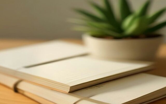 Pila de cuadernos y hojas en blanco sobre un escritorio de madera con una suculenta desenfocada al fondo, ilustración de la consulta de semanas cotizadas