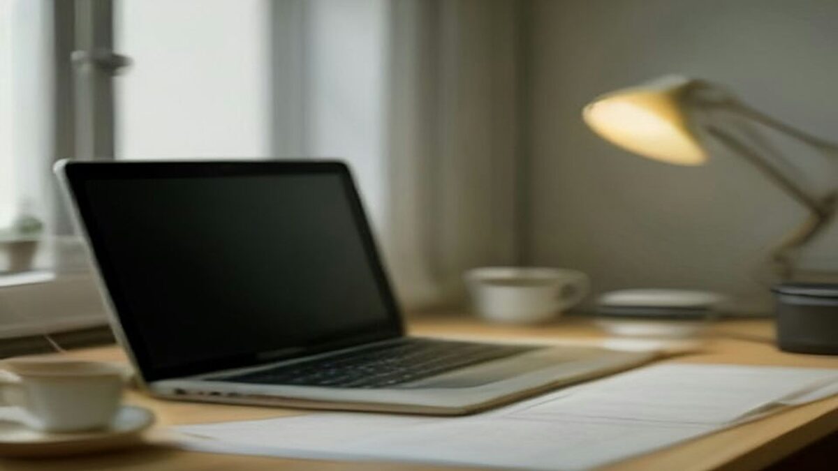 Computadora portátil, papeles, tazas y lámpara sobre un escritorio.