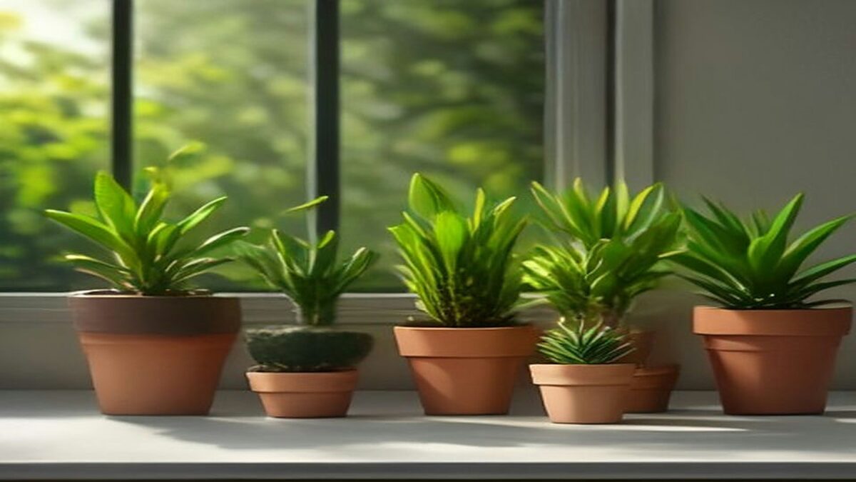 Plantas pequeñas en macetas junto a una ventana.