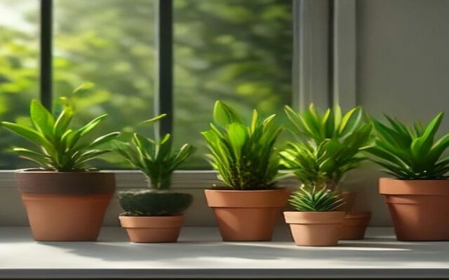 Plantas pequeñas en macetas junto a una ventana.