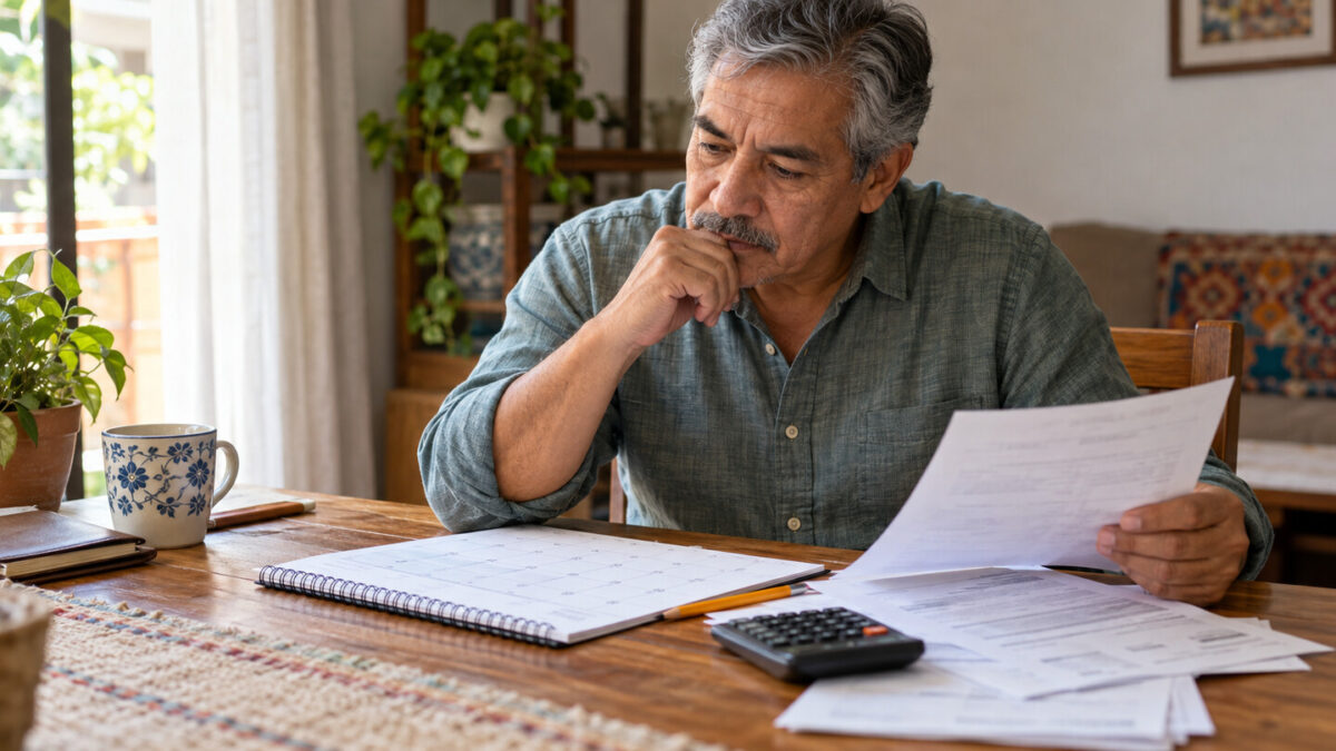 Persona adulta revisando documentos genéricos, un calendario y una calculadora para planificar sus aportaciones al retiro.