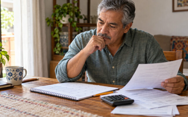 Persona adulta revisando documentos genéricos, un calendario y una calculadora para planificar sus aportaciones al retiro.