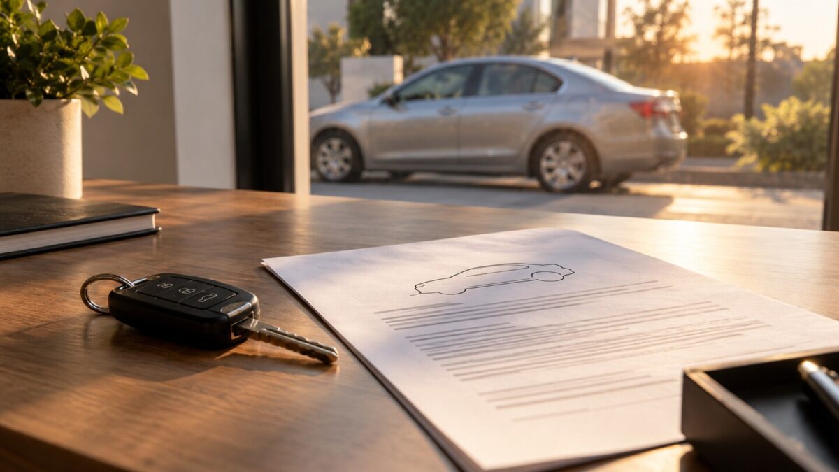 Llaves y documento ilustrativo de seguro de auto frente a un vehículo estacionado.