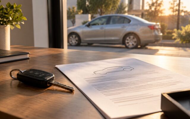 Llaves y documento ilustrativo de seguro de auto frente a un vehículo estacionado.