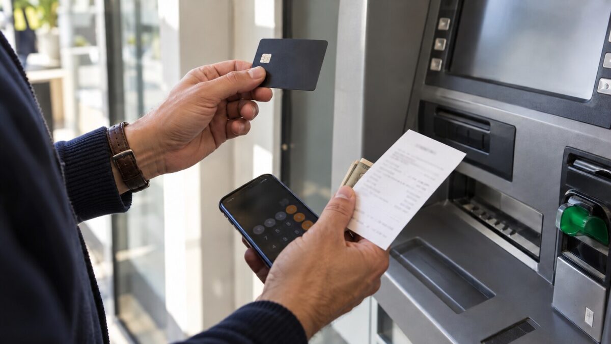 Persona revisa el comprobante de un retiro frente a un cajero, con tarjeta genérica y calculadora en el teléfono.