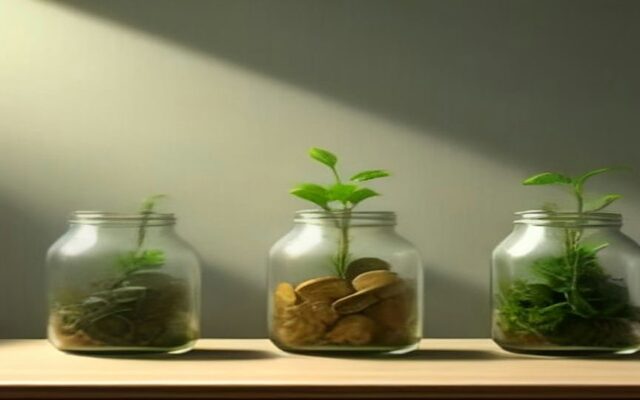 Tres frascos de vidrio con monedas y pequeñas plantas brotando sobre una repisa de madera con luz de día, ilustración del interés compuesto