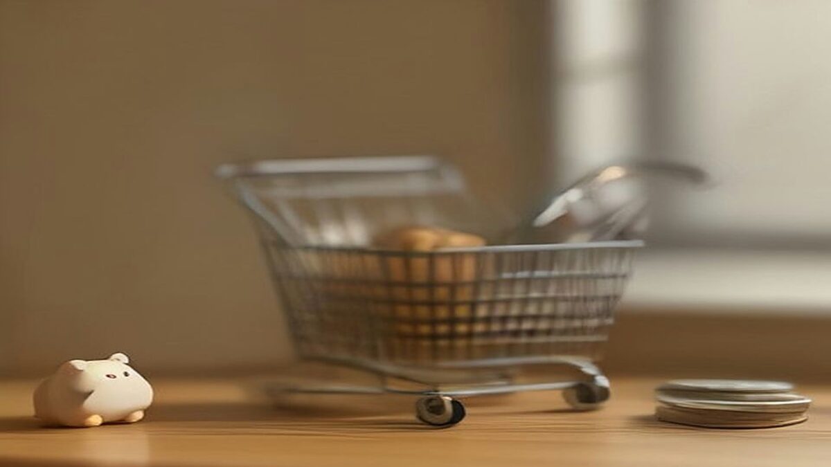 Carrito de compras miniatura junto a una alcancía y una pila de monedas sobre una mesa de madera, ilustración de compras a meses sin intereses