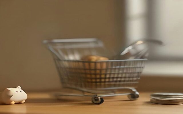 Carrito de compras miniatura junto a una alcancía y una pila de monedas sobre una mesa de madera, ilustración de compras a meses sin intereses