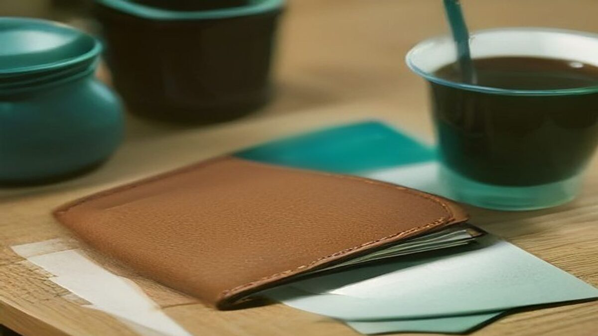 Cartera de piel café sobre un escritorio de madera con tarjetas de color turquesa asomando y una taza de café al fondo