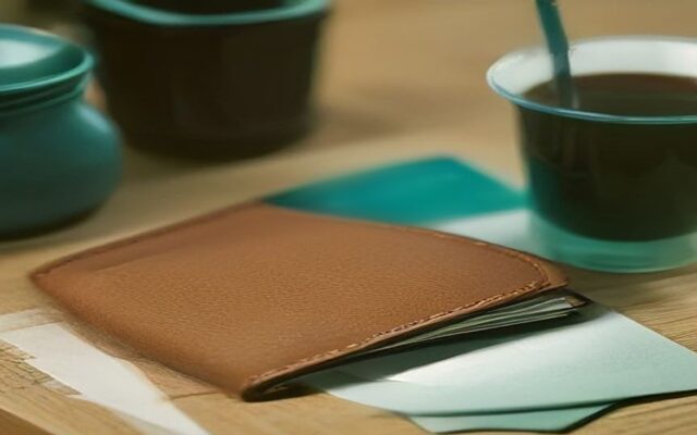 Cartera de piel café sobre un escritorio de madera con tarjetas de color turquesa asomando y una taza de café al fondo
