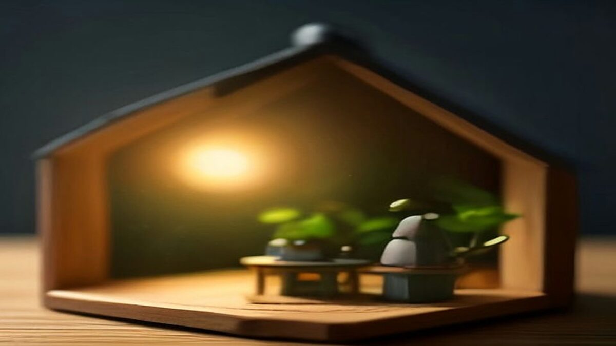 Maqueta de madera de una casa con techo azul marino y plantas en su interior sobre una mesa