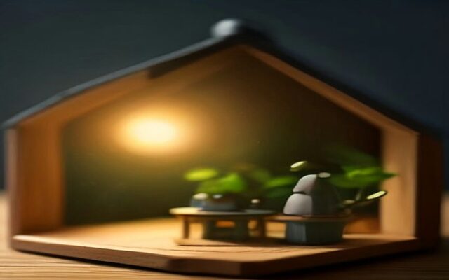 Maqueta de madera de una casa con techo azul marino y plantas en su interior sobre una mesa