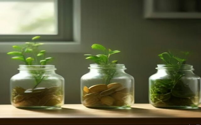Tres frascos de vidrio con monedas y plantas en distinta proporción sobre una superficie de madera, ilustración de opciones de ahorro