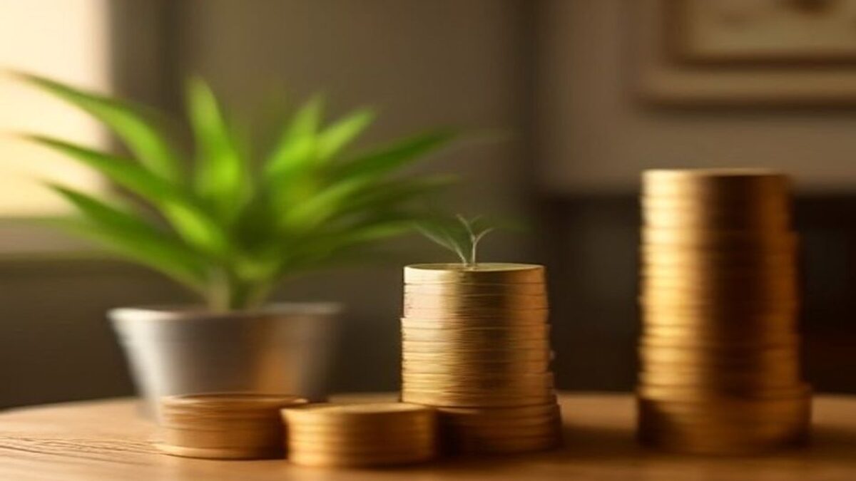Pilas de monedas de distinta altura sobre mesa de madera con un brote verde, símbolo de ahorro para el retiro