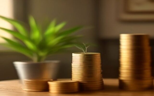 Pilas de monedas de distinta altura sobre mesa de madera con un brote verde, símbolo de ahorro para el retiro
