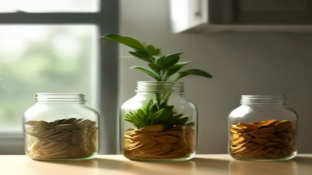 Tres frascos de vidrio con monedas junto a una ventana, uno de ellos con una planta creciendo