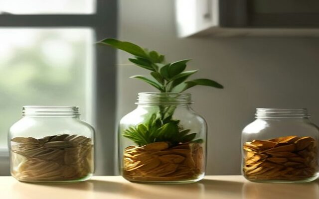 Tres frascos de vidrio con monedas junto a una ventana, uno de ellos con una planta creciendo