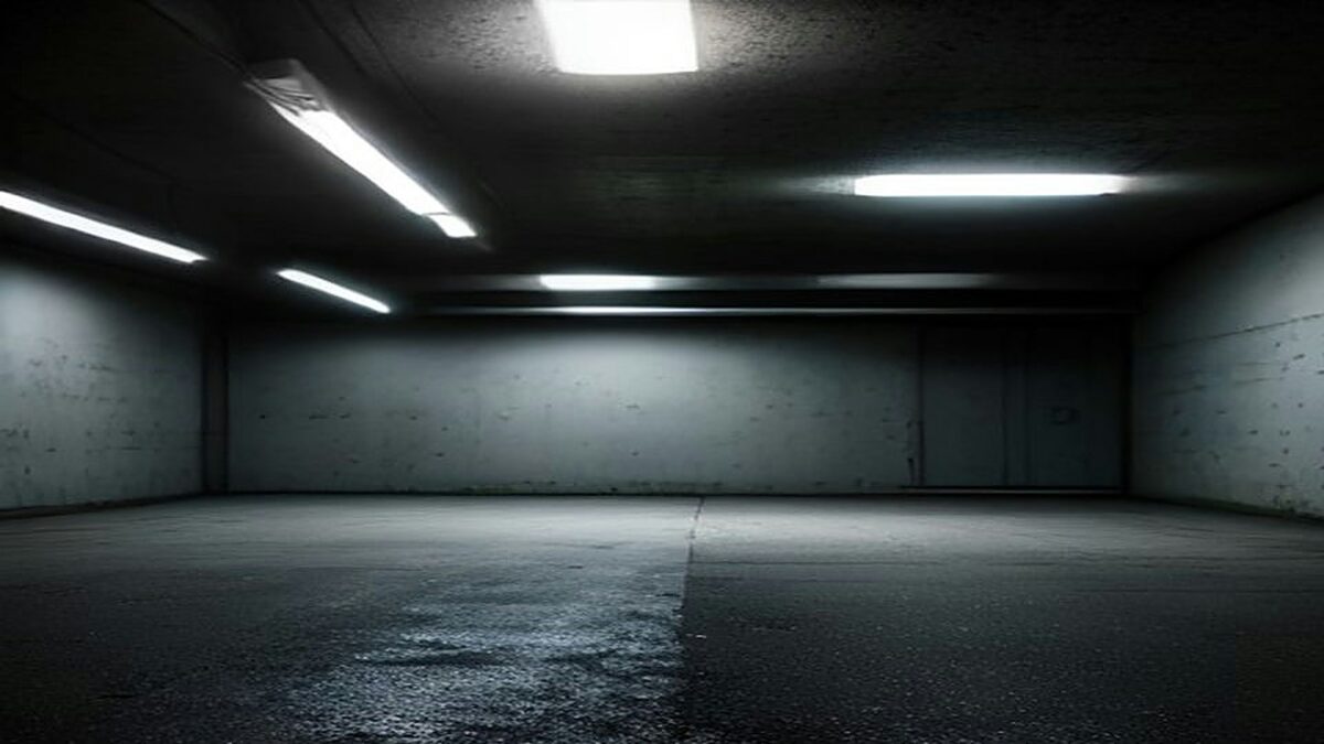 Estacionamiento subterráneo de concreto vacío iluminado con lámparas fluorescentes frías, ilustración del robo total de un auto