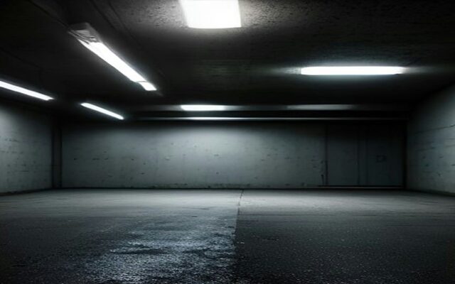Estacionamiento subterráneo de concreto vacío iluminado con lámparas fluorescentes frías, ilustración del robo total de un auto