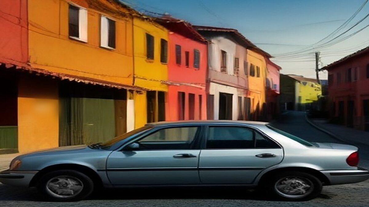 Sedán plateado estacionado en una calle empedrada con casas de colores al atardecer, sin placas ni marcas visibles